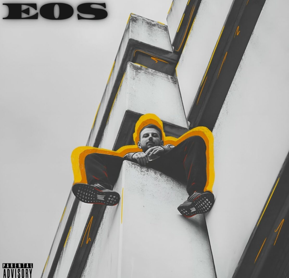 Cover von EOS. Schwarz-weiß Fotografie von Mrn808 mit gelbem Grafikdesign