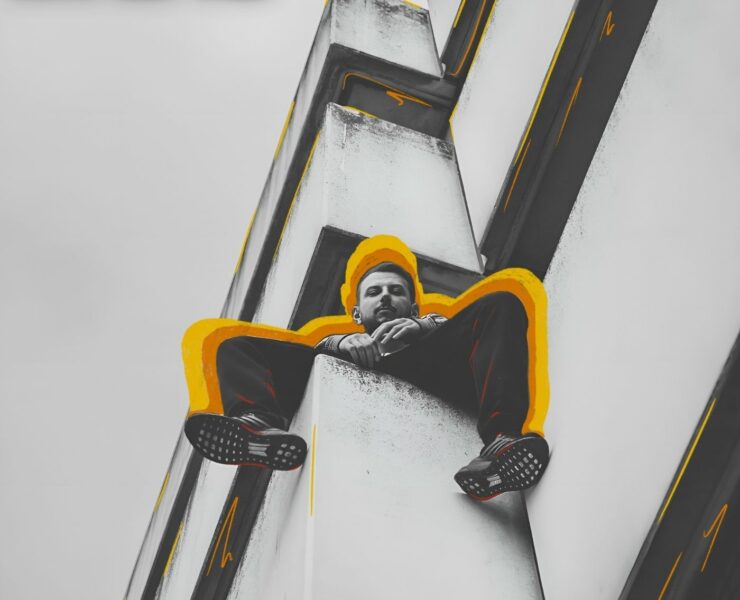 Cover von EOS. Schwarz-weiß Fotografie von Mrn808 mit gelbem Grafikdesign