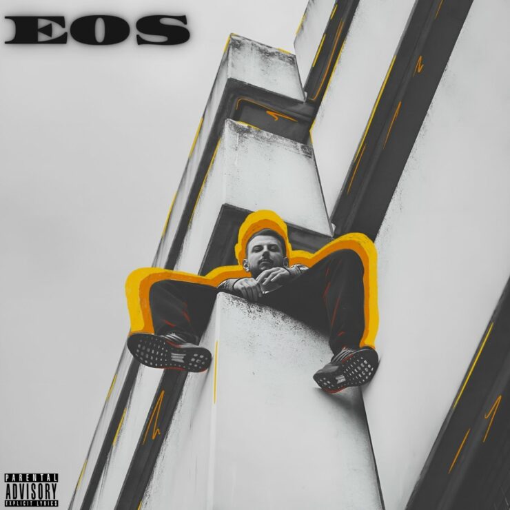 Cover von EOS. Schwarz-weiß Fotografie von Mrn808 mit gelbem Grafikdesign